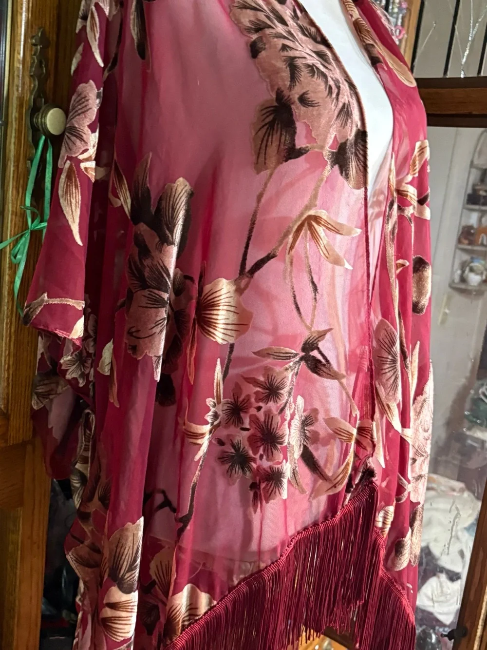 Roffe Burgundy Floral Chiffon Velvet Burnout Fringe Kimono os