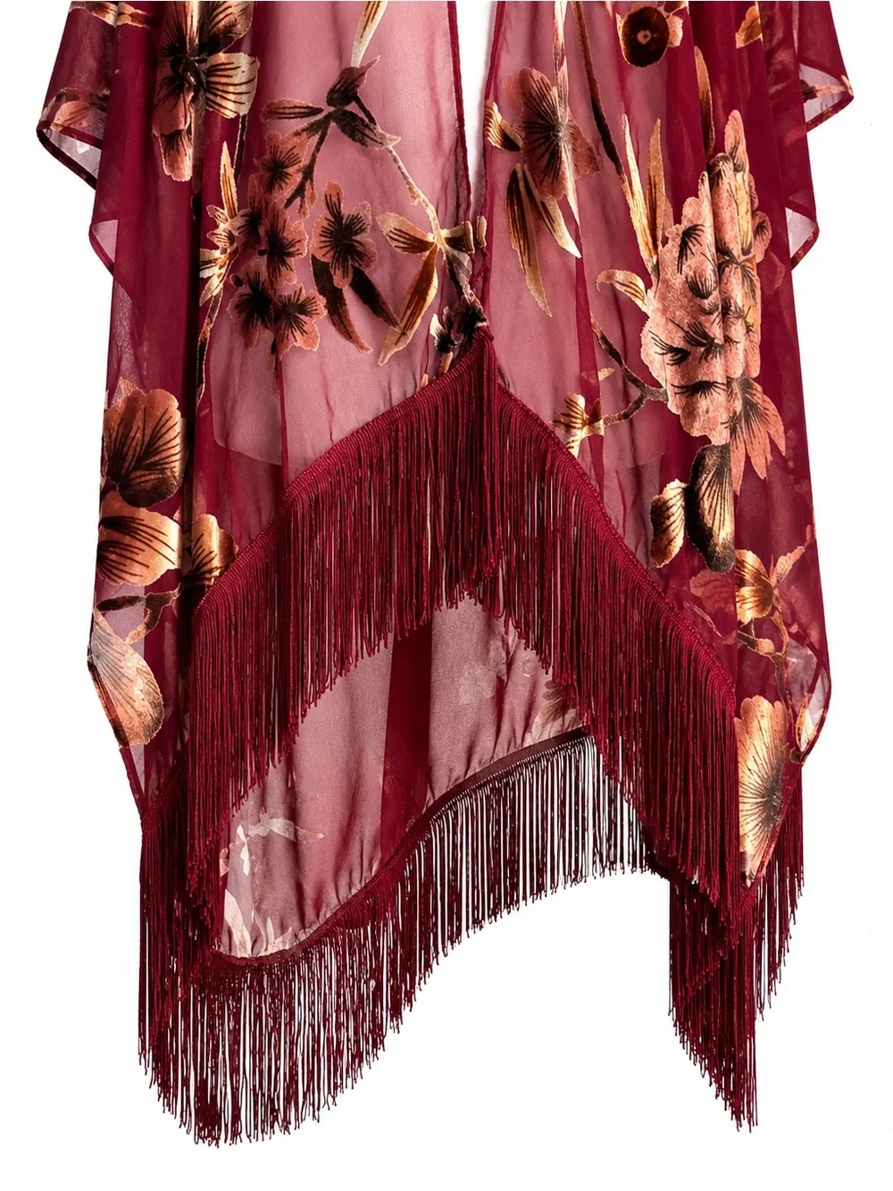 Roffe Burgundy Floral Chiffon Velvet Burnout Fringe Kimono os