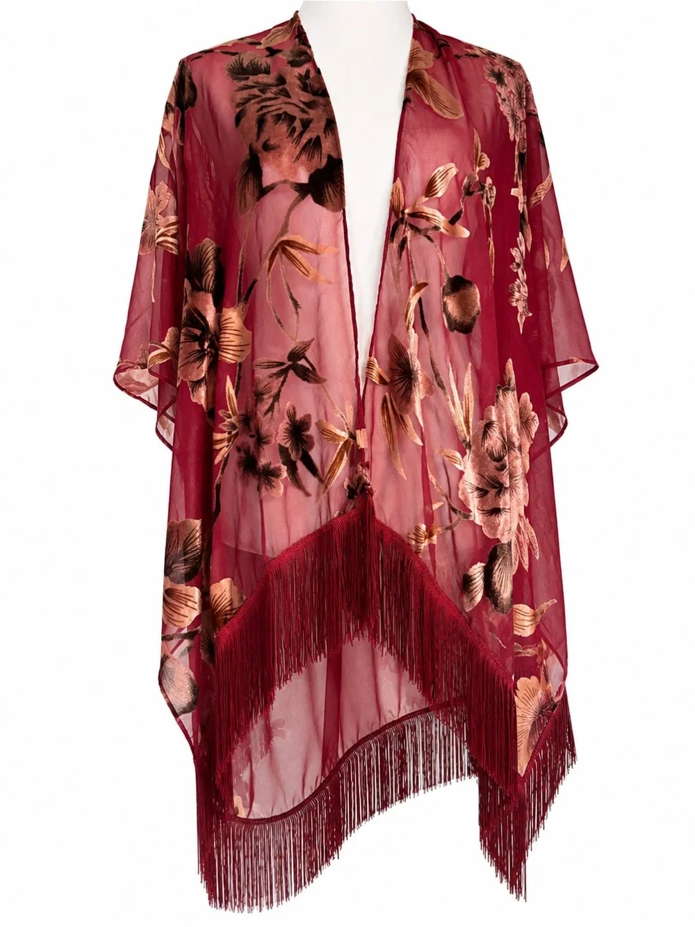 Roffe Burgundy Floral Chiffon Velvet Burnout Fringe Kimono os