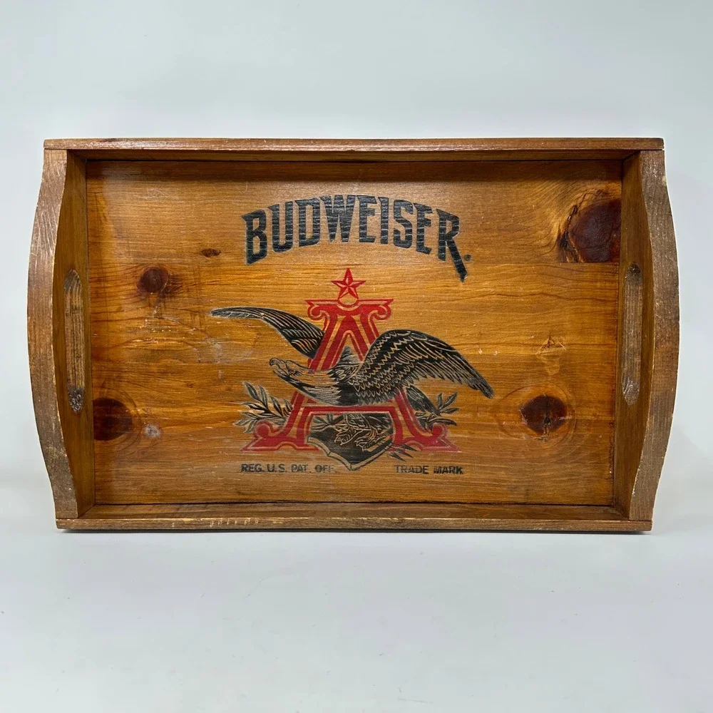 VTG Budweiser Wood Serving Tray Anheuser Busch Logo Man Cave Barware Rustic