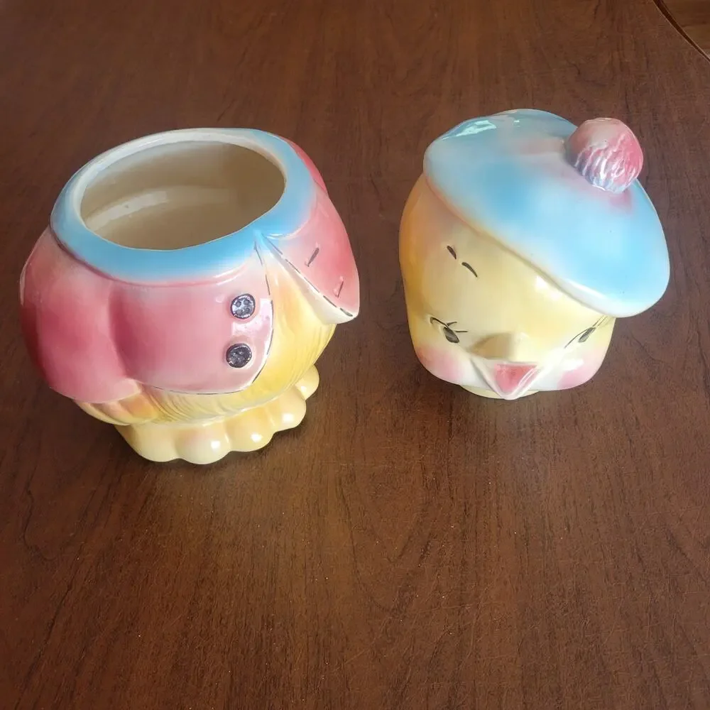 Vintage American Bisque Chick Cookie Jar MCM 1950s Chickadee Pink Jacket Kitsch