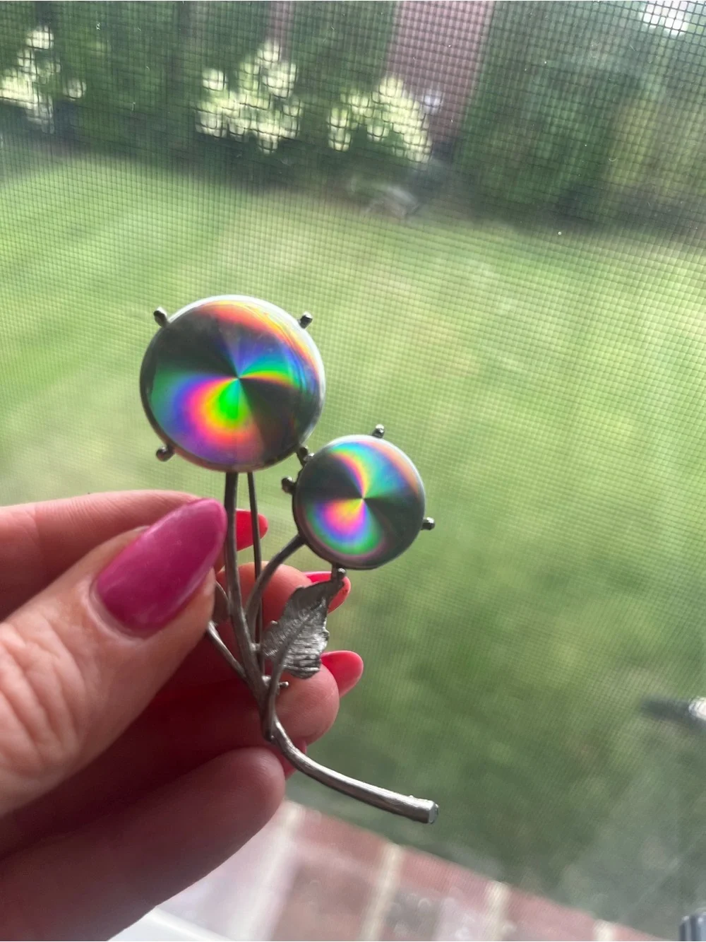 Vintage Jewelarama Flower Brooch Silver Tone Iridescent Cabochon Pin