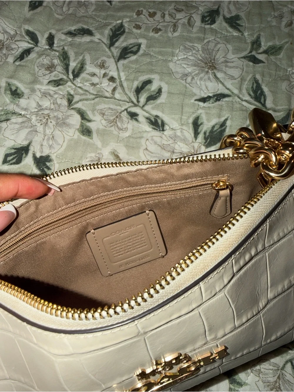Coach Cream Croc-Embossed Mini Shoulder Bag with Gold Chain
