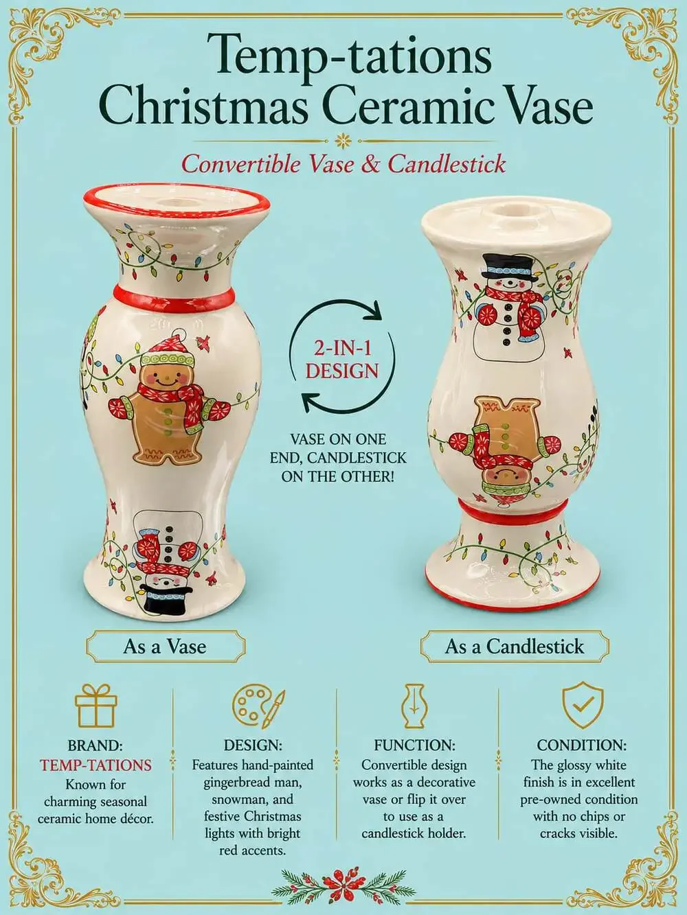Temp-tations Christmas Ceramic 2-in-1 Convertible Vase and Candlestick Holder