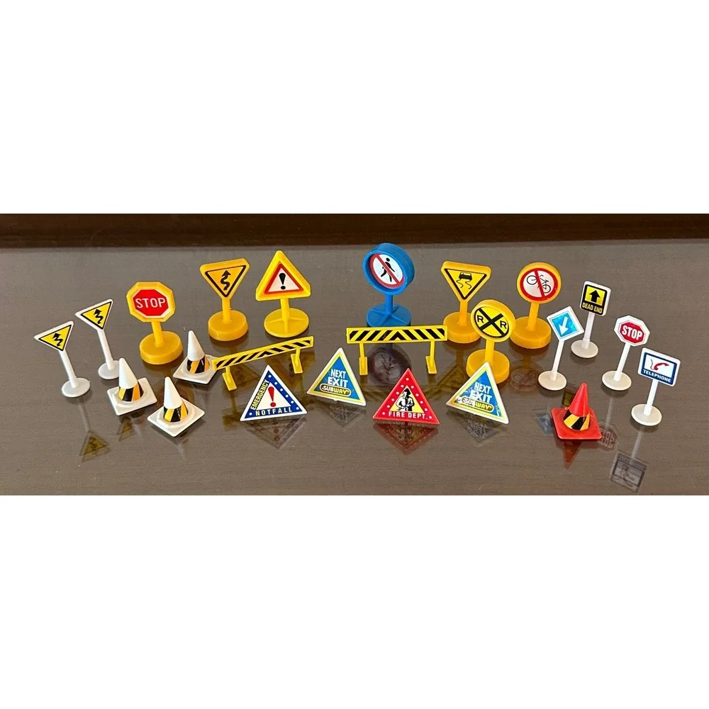 Vintage Miniature Plastic Road Signs Traffic Cones Barriers Toy Set 20+ Pieces