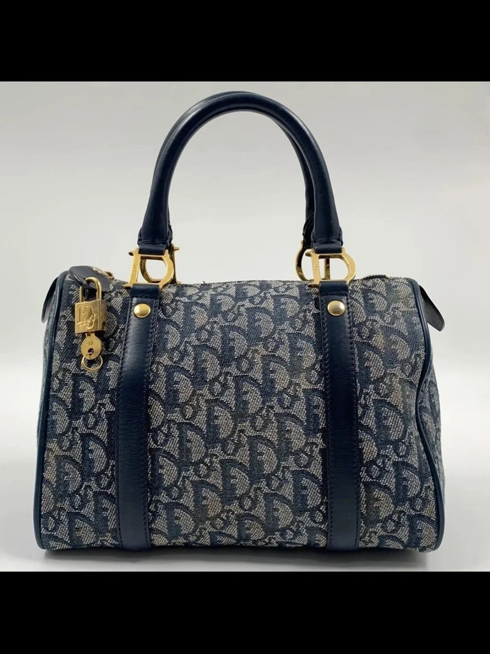 Dior Blue Monogram Canvas Satchel with Gold Hardware