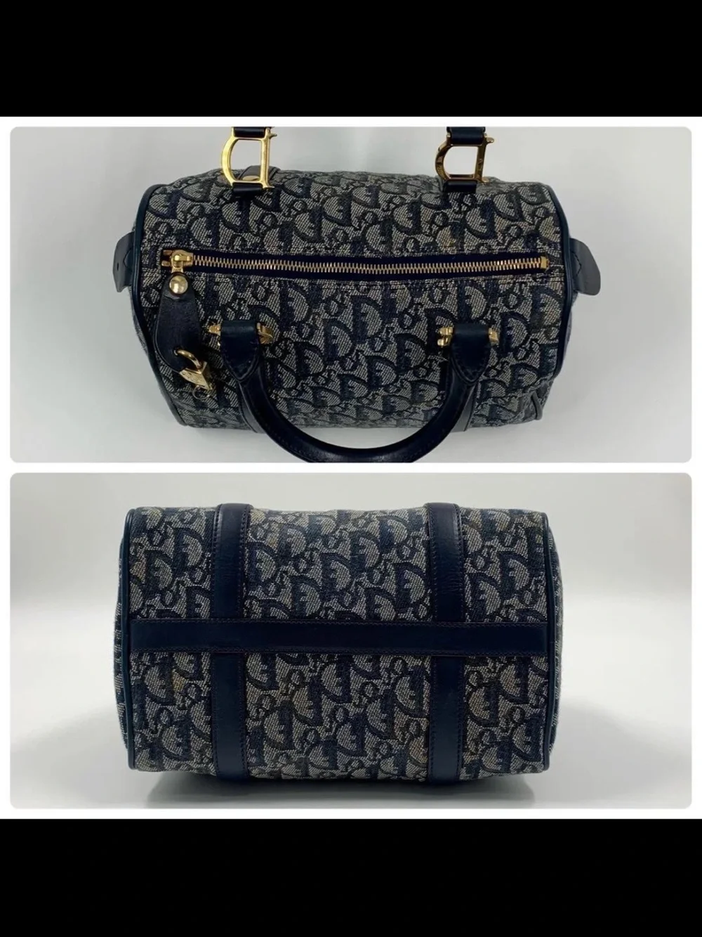 Dior Blue Monogram Canvas Satchel with Gold Hardware