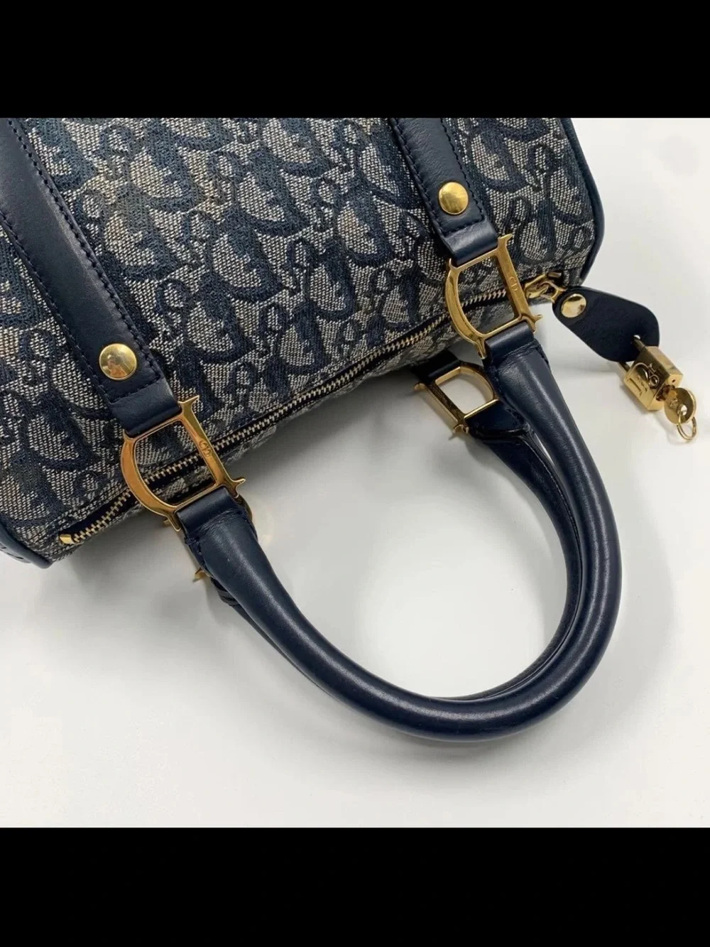Dior Blue Monogram Canvas Satchel with Gold Hardware
