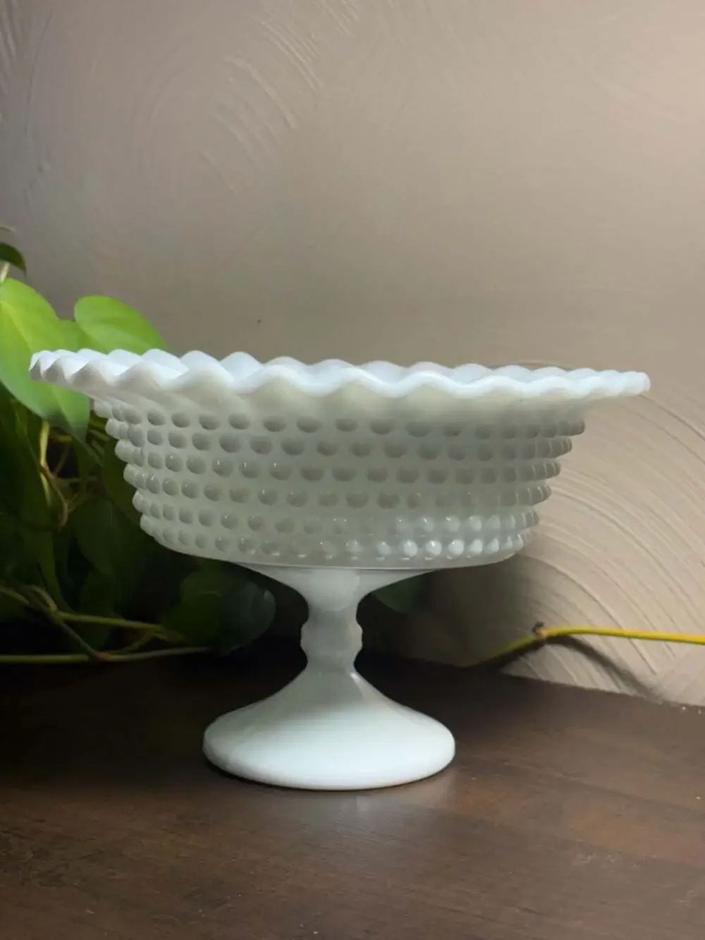 Vintage Fenton White Milk Glass Hobnail Pedestal Compote Bowl