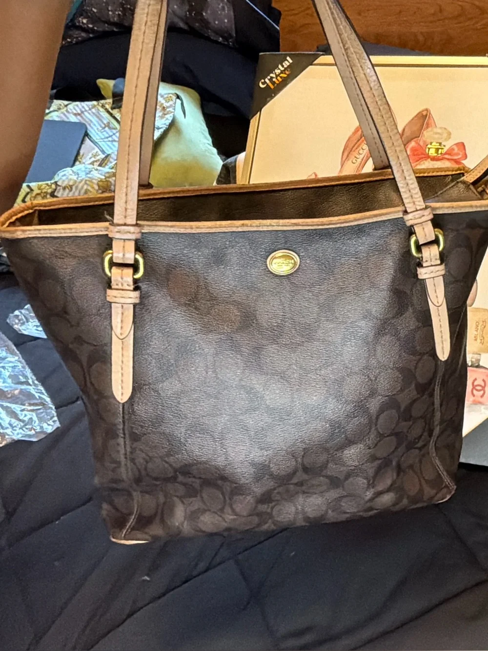 Coach Brown Signature Canvas Tote with Tan Leather Straps