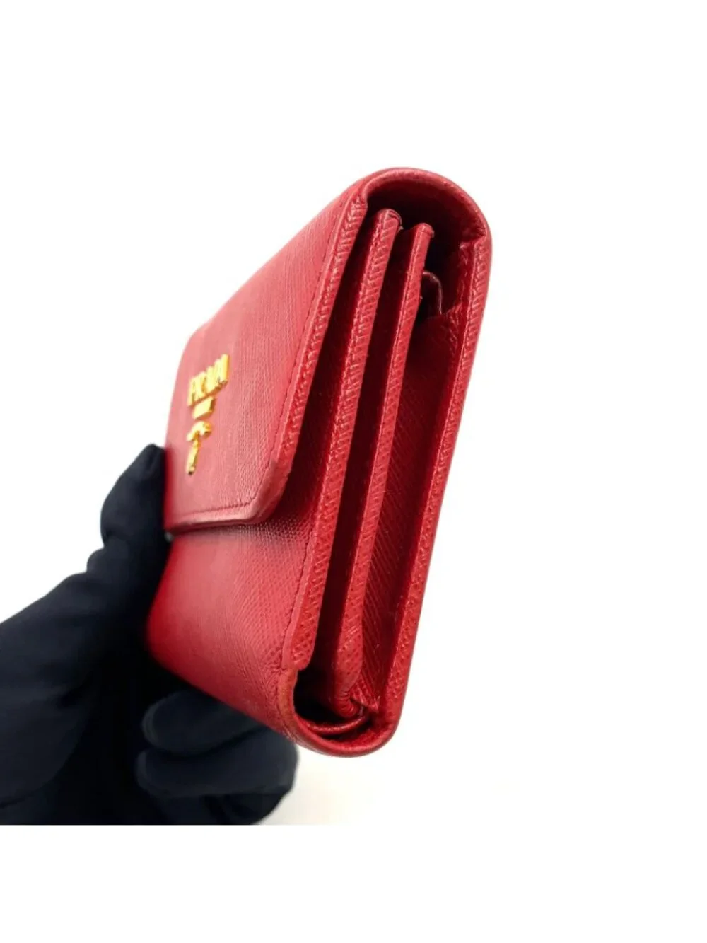 Prada Saffiano Metal Logo Leather Red Bifold Wallet Gold