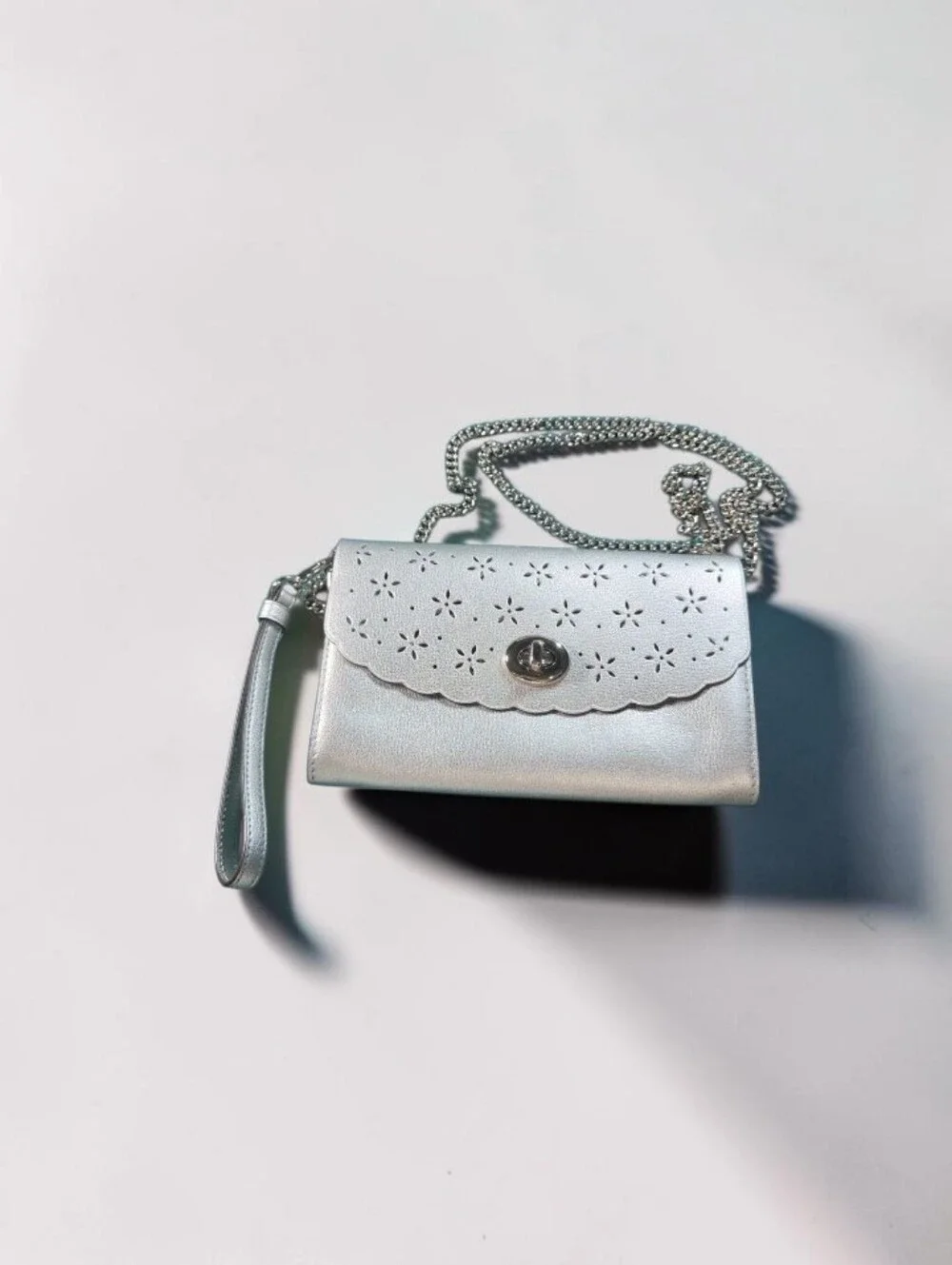 Coach Perforated Laser-Cut Leather Chain Crossbody/Wristlet Clutch