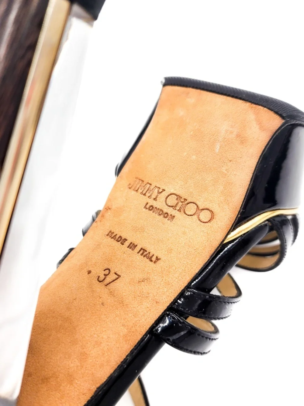 JIMMY CHOO Black Patent Leather Strap Lucite Platform Block Heel Sandals EU 37