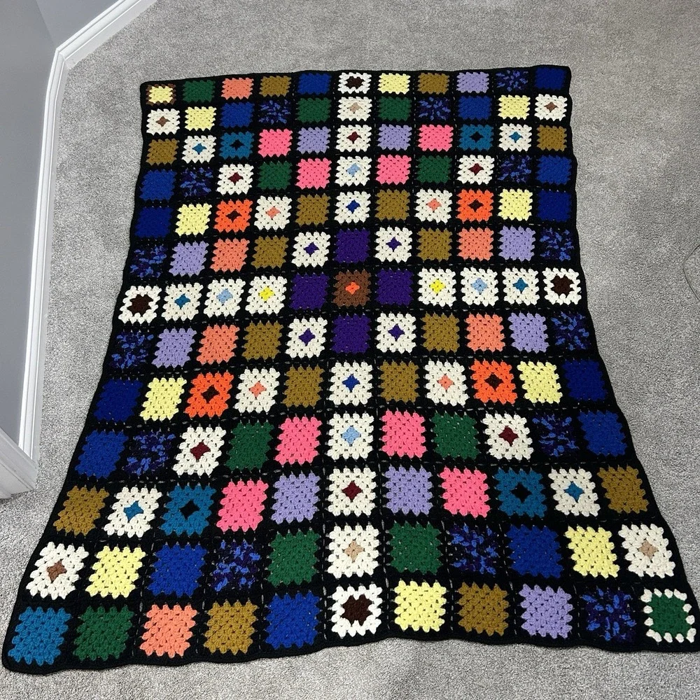 Granny Squares‎ Afghan Black Colorful Handmade Crochet Throw Blanket 68x54