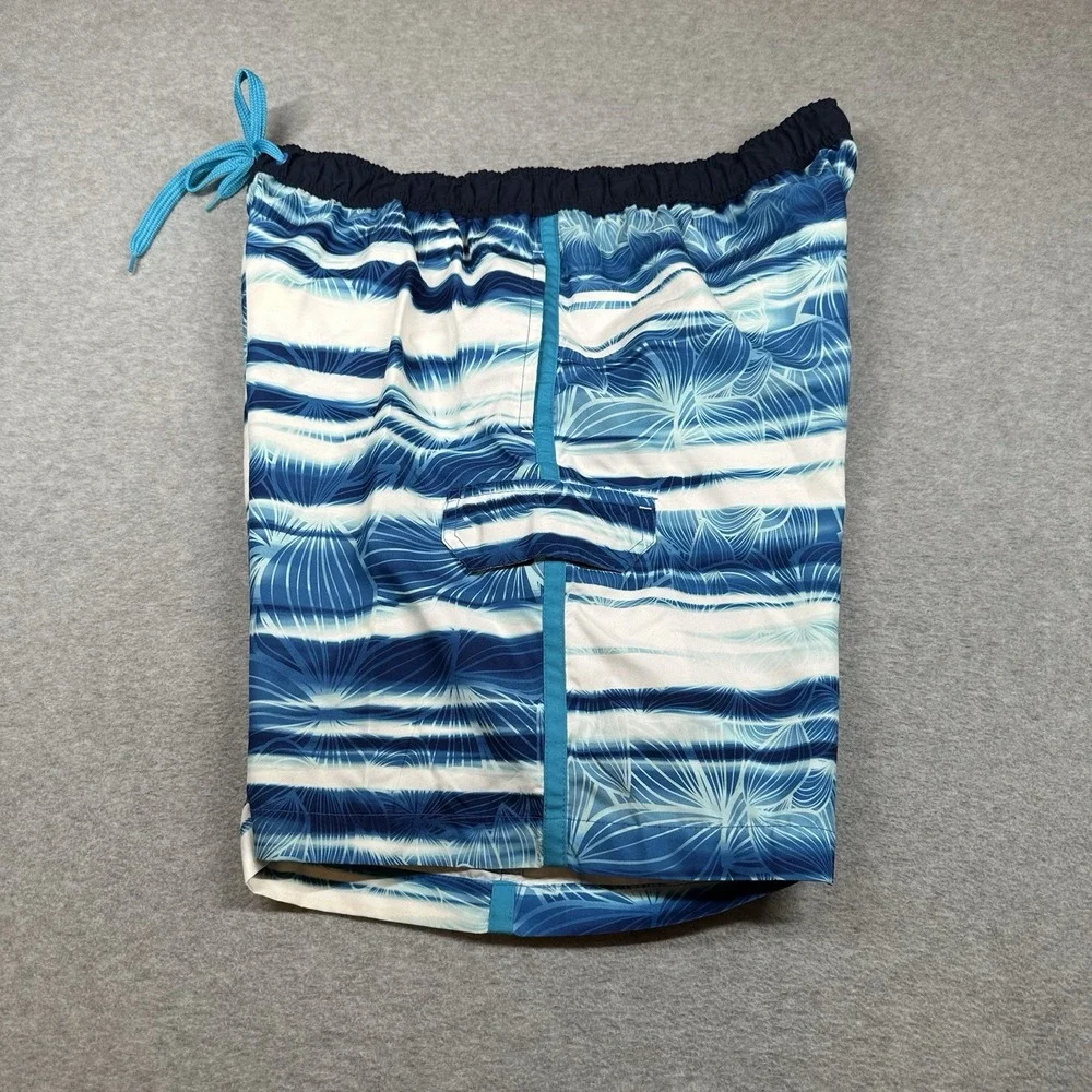 Hawaiian Authentics Swim Trunks Mens L ‎ Blue White Stripe Floral Lined