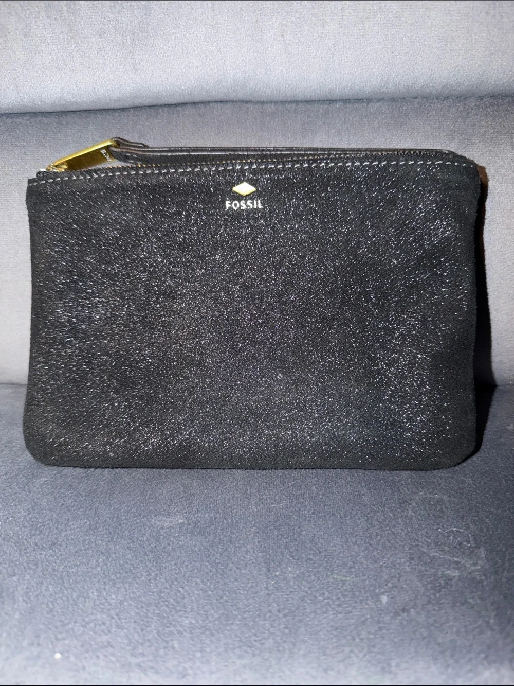 Fossil Black Leather Shimmery Suede Zippered Wristlet SL6818