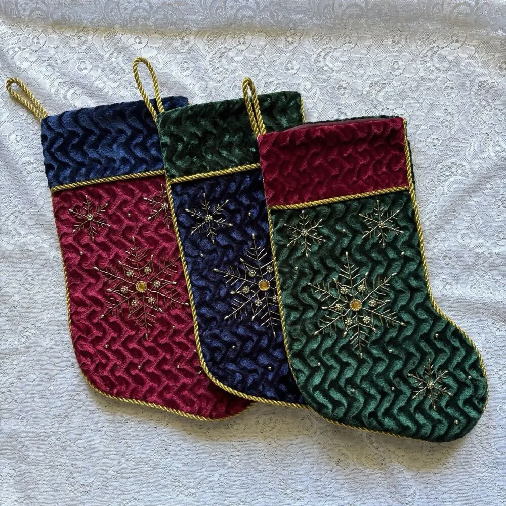 Set of 3 Velvet Christmas Stockings Beaded Snowflake Jewel Holiday‎ Decor