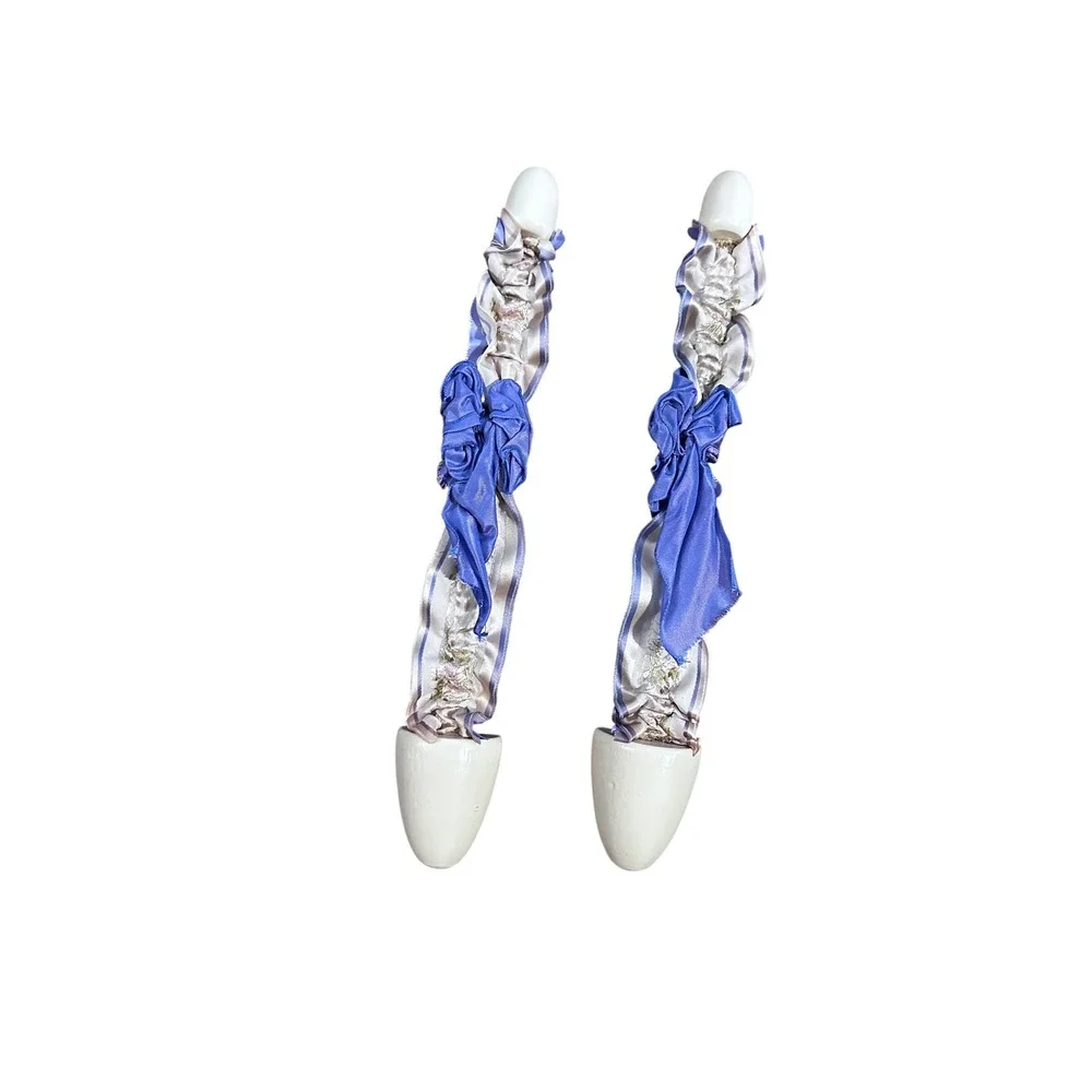 Mon Petit Shoe Vintage Style Wooden Shoe Trees Blue Satin Ruffle Ribbon Pair