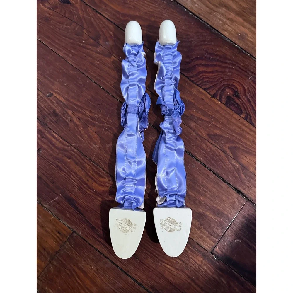 Mon Petit Shoe Vintage Style Wooden Shoe Trees Blue Satin Ruffle Ribbon Pair