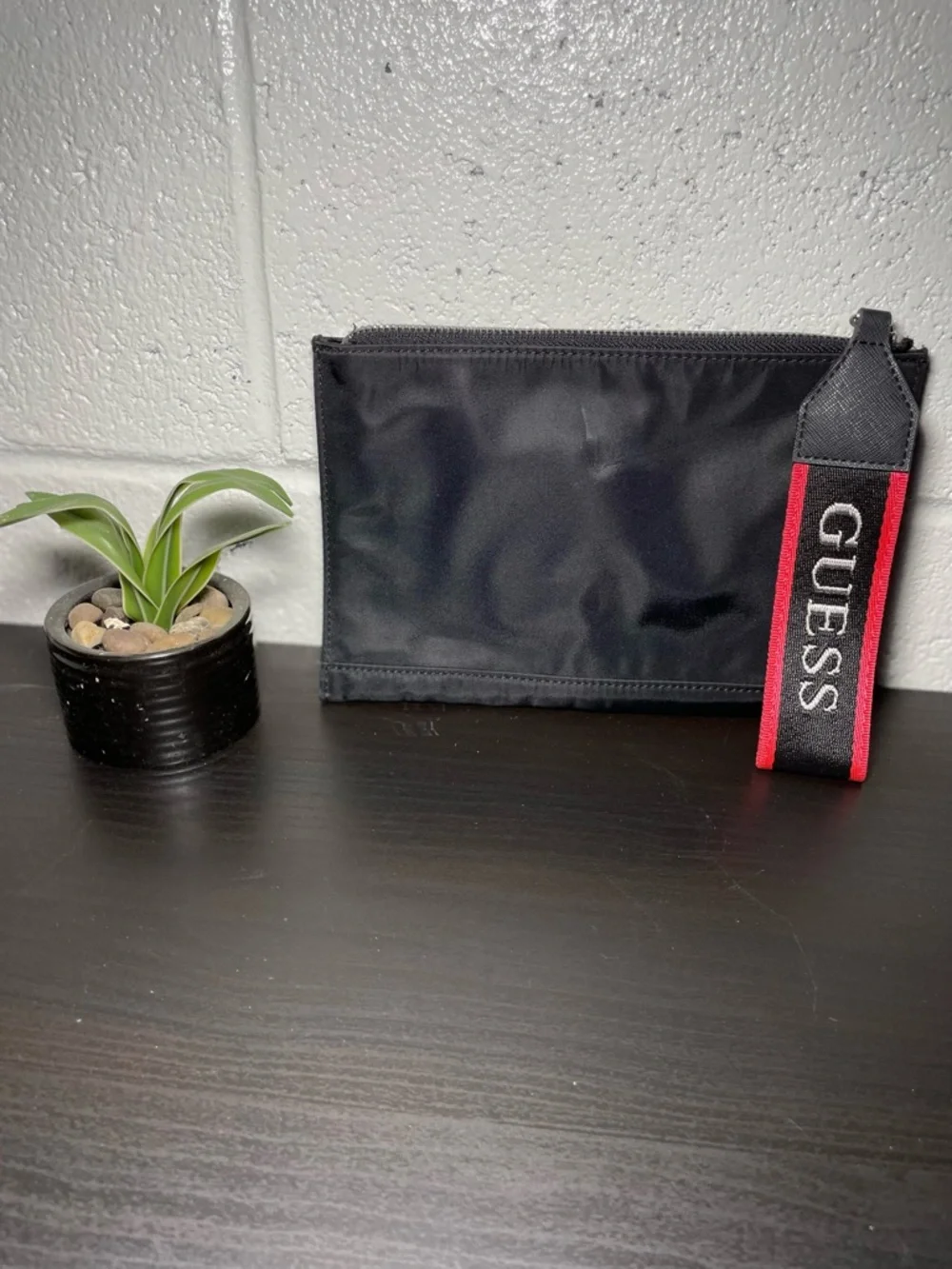 GUESS Black Nylon Wrist Pouch with Red Logo Strap‎