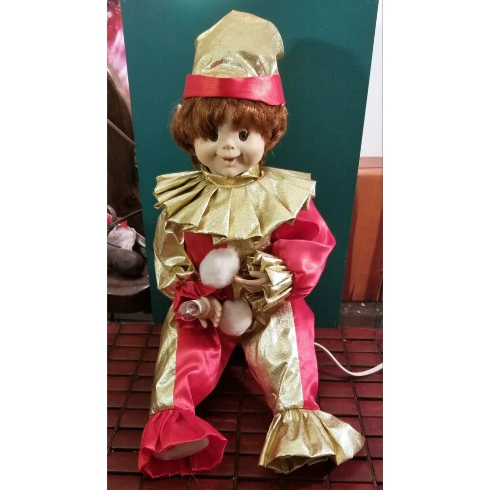 Vintage Animated Christmas Elf In Clown Suit With Light Up Candle 16.5