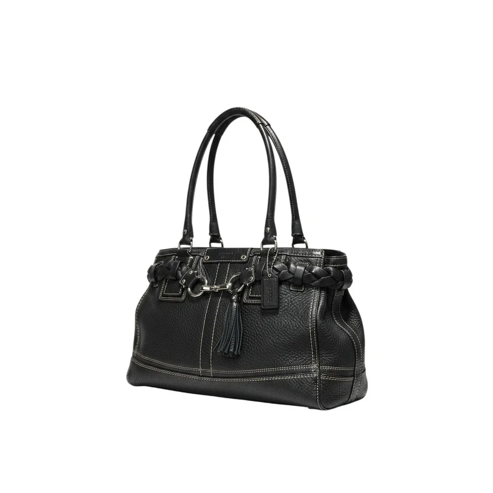 Coach Hampton Tote Satchel Bag Black Pebble Leather‎ Braided