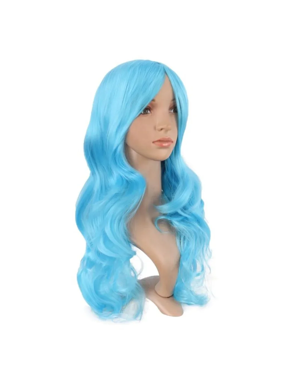 Women's Sky Blue 24 Inch Synthetic Modern Long Wavy Side Bangs Wigs