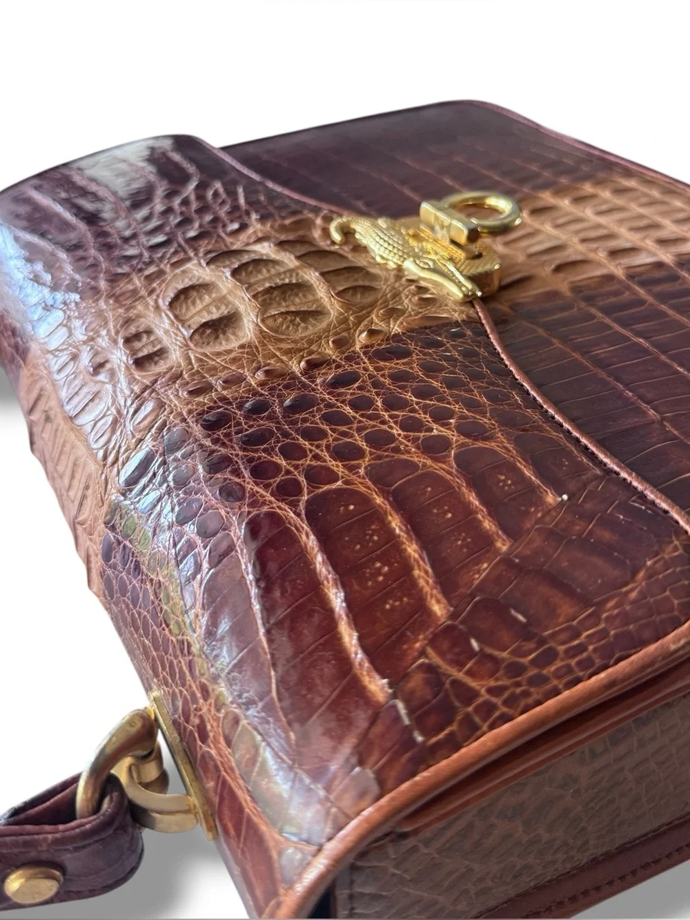 Vintage Genuine Crocodile Two-Tone Brown Top Handle Satchel Gold-Tone Hardware