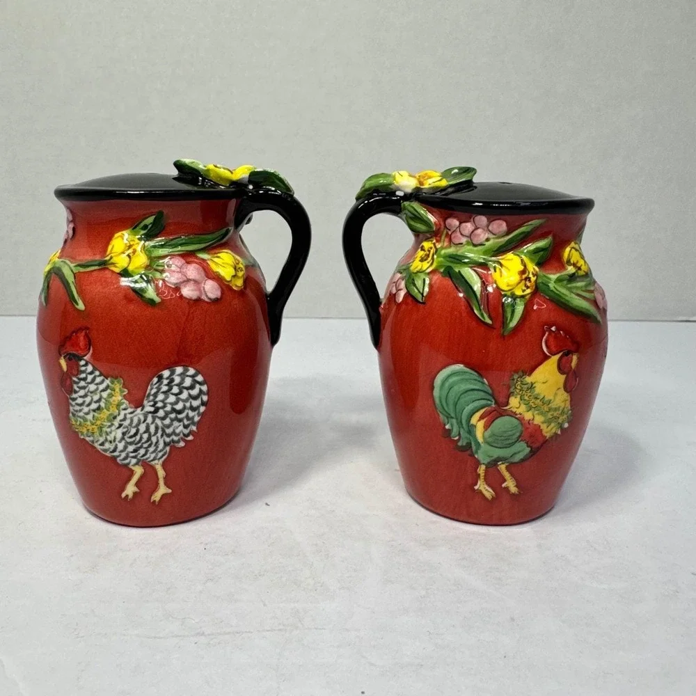 Blue Sky Elisabeth Pohle Rooster Salt and Pepper Shakers Red Floral 2004 Set VTG