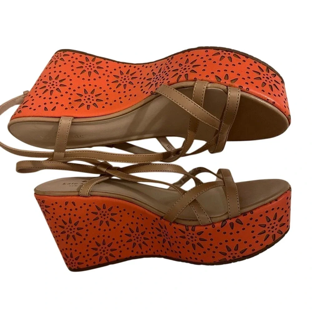 Kate Spade‎ New York Orange Laser Cut Floral Platform Wedge Sandals