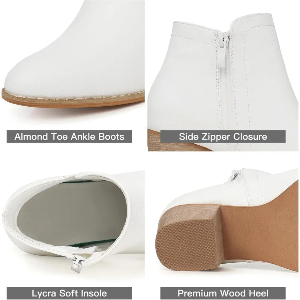 Women's White Pu Ankle Chunky Heeled Almond Toe Short Zipper Faux Suede Booties