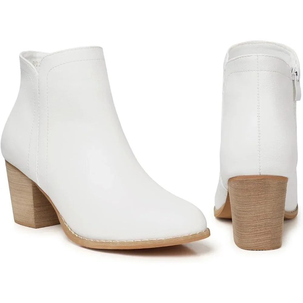 Women's White Pu Ankle Chunky Heeled Almond Toe Short Zipper Faux Suede Booties