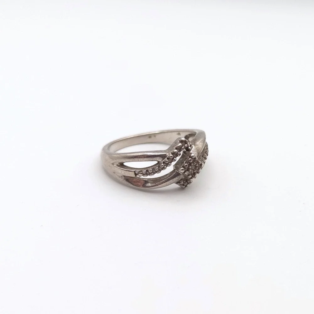 925 Sterling Silver Bypass Split Shank Pavé Diamond Shape Cluster Ring Size‎ 6.5
