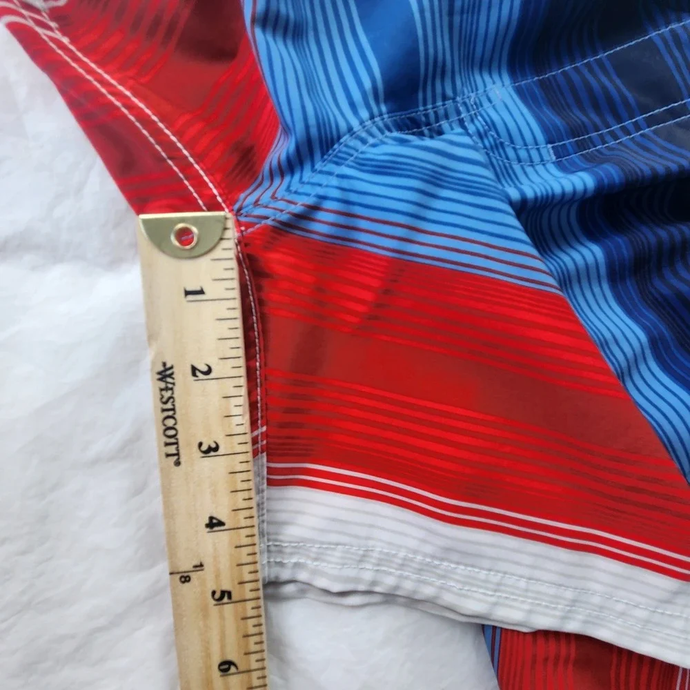 Ezekiel Mens Swim Trunks Blue Red Striped Board Shorts Size 36 Stretch Quick Dry