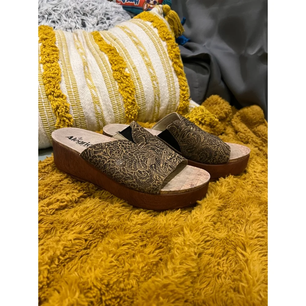 Women's Alegria Brown & Black Patterned Wedge Sandals