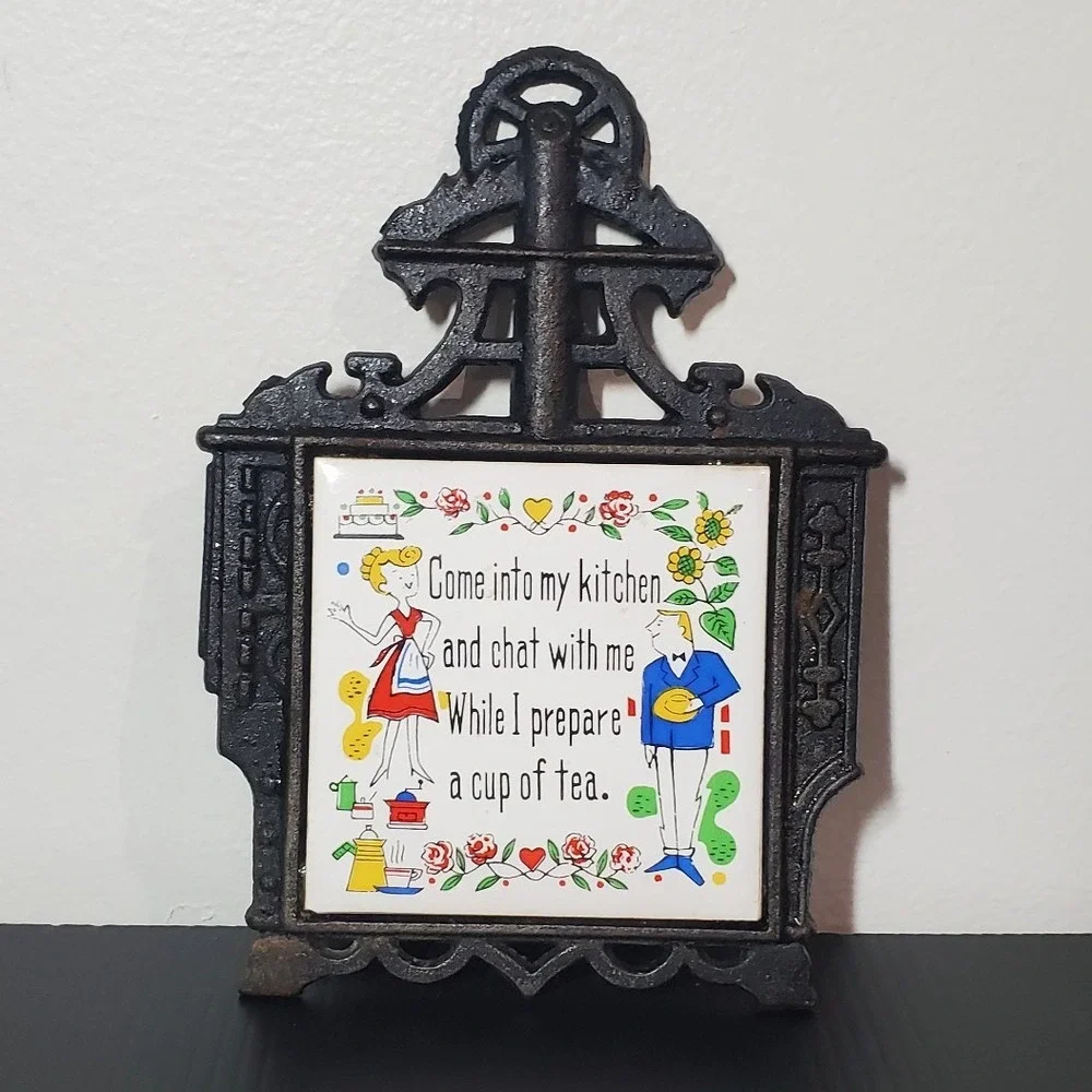 Vintage Cast Iron Ceramic Porcelain Trivet‎ Wall Hanging 1960's Lego Japan