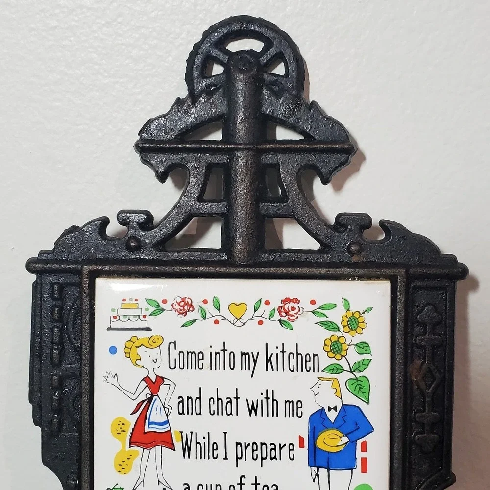 Vintage Cast Iron Ceramic Porcelain Trivet‎ Wall Hanging 1960's Lego Japan