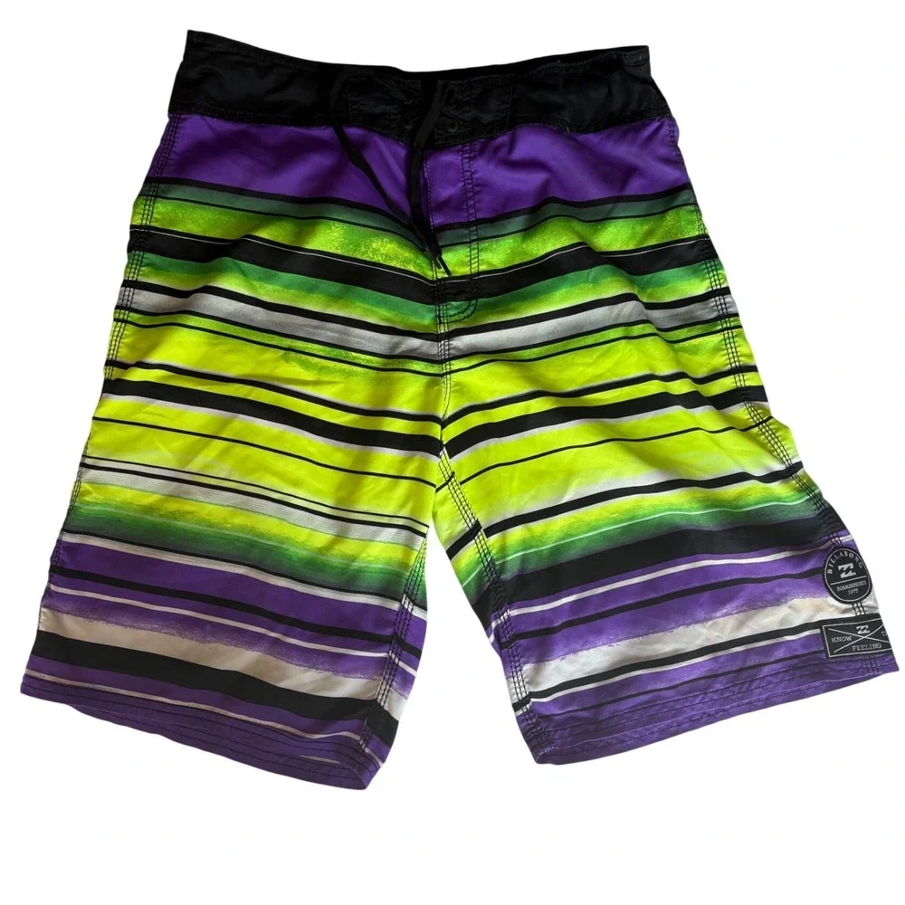 Billabong Striped Board Shorts Men's Size 38 Purple Green Surf Swim‎ Trunks