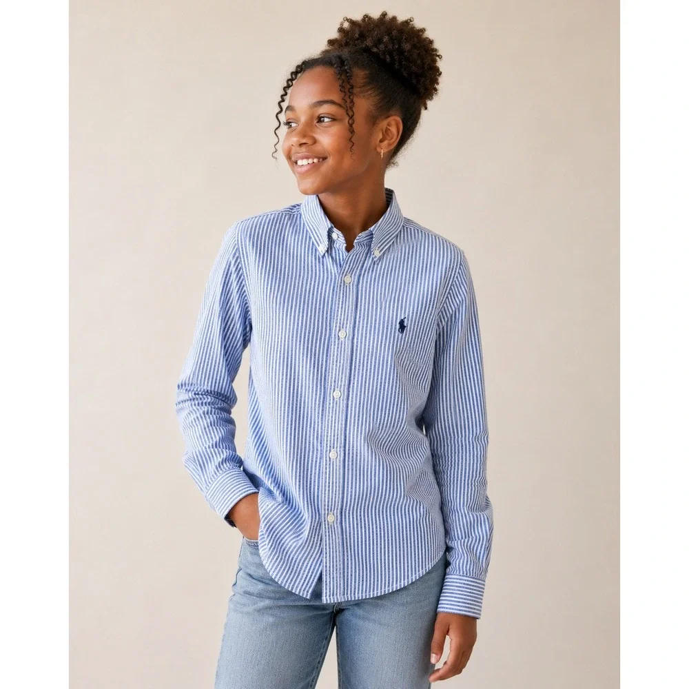Ralph Lauren Kids Blue White Striped Seersucker Button Down Shirt Size L 14-16‎