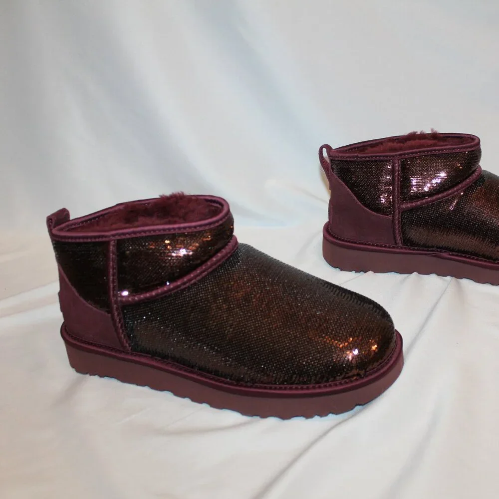 NIB UGG ULTRA MINI BURGUNDY SEQUIN SHEARLING LINED ANKLE BOOTS‎