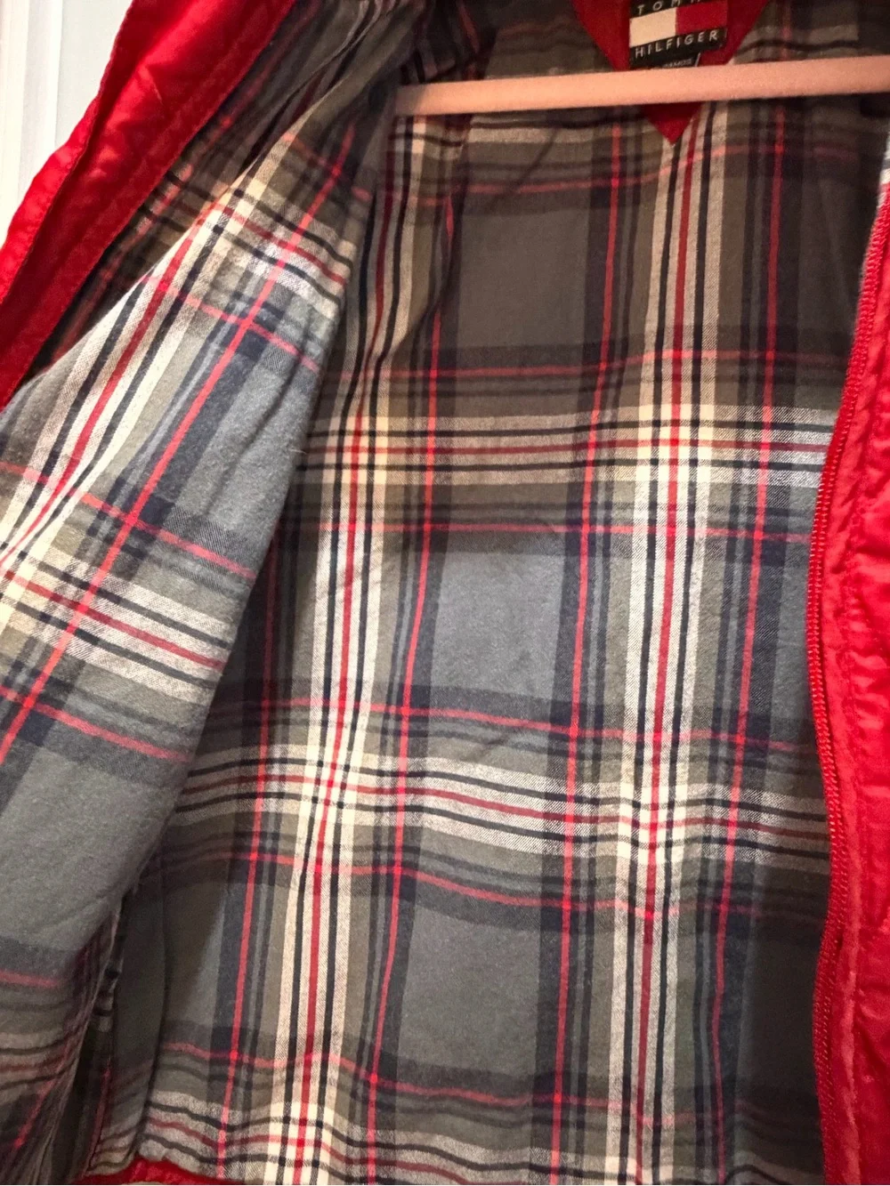 Tommy Hilfiger Coat 18-24 Months Red and Gray Plaid Lined Jacket Hood EUC