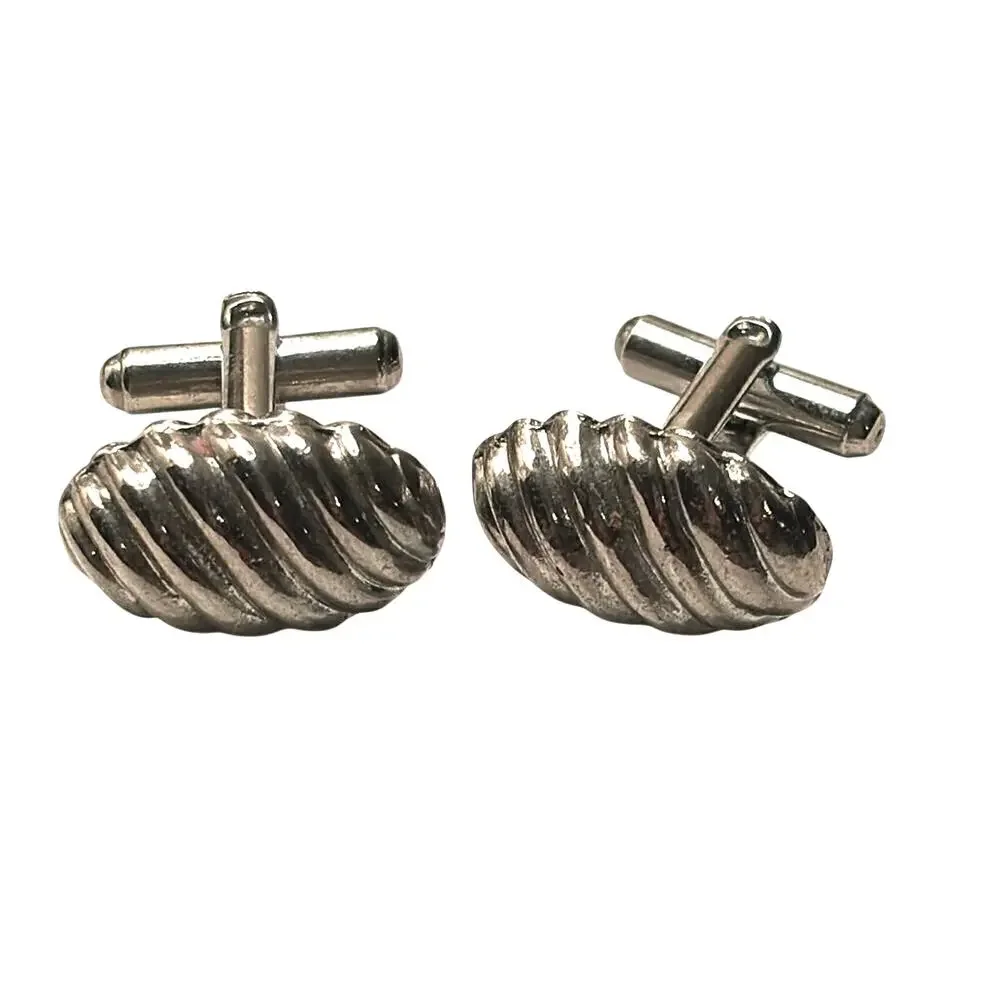 Vintage Silver Tone Ribbed Oval Cufflinks Classic Men’s Formal Accessories