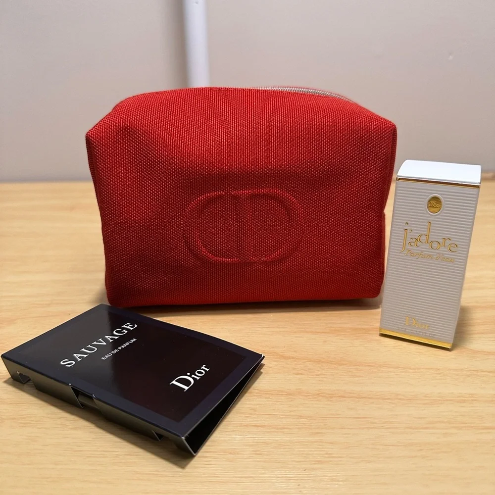 Dior Red Canvas Pouch with Embossed CD Logo + mini Dior Jadore + sample Savage.