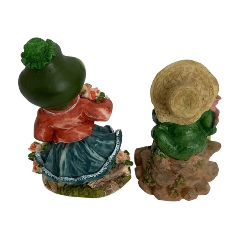 Vintage Frog Figurines Gardening Theme 4”-5” Intricate Carving 2 PC Collectible