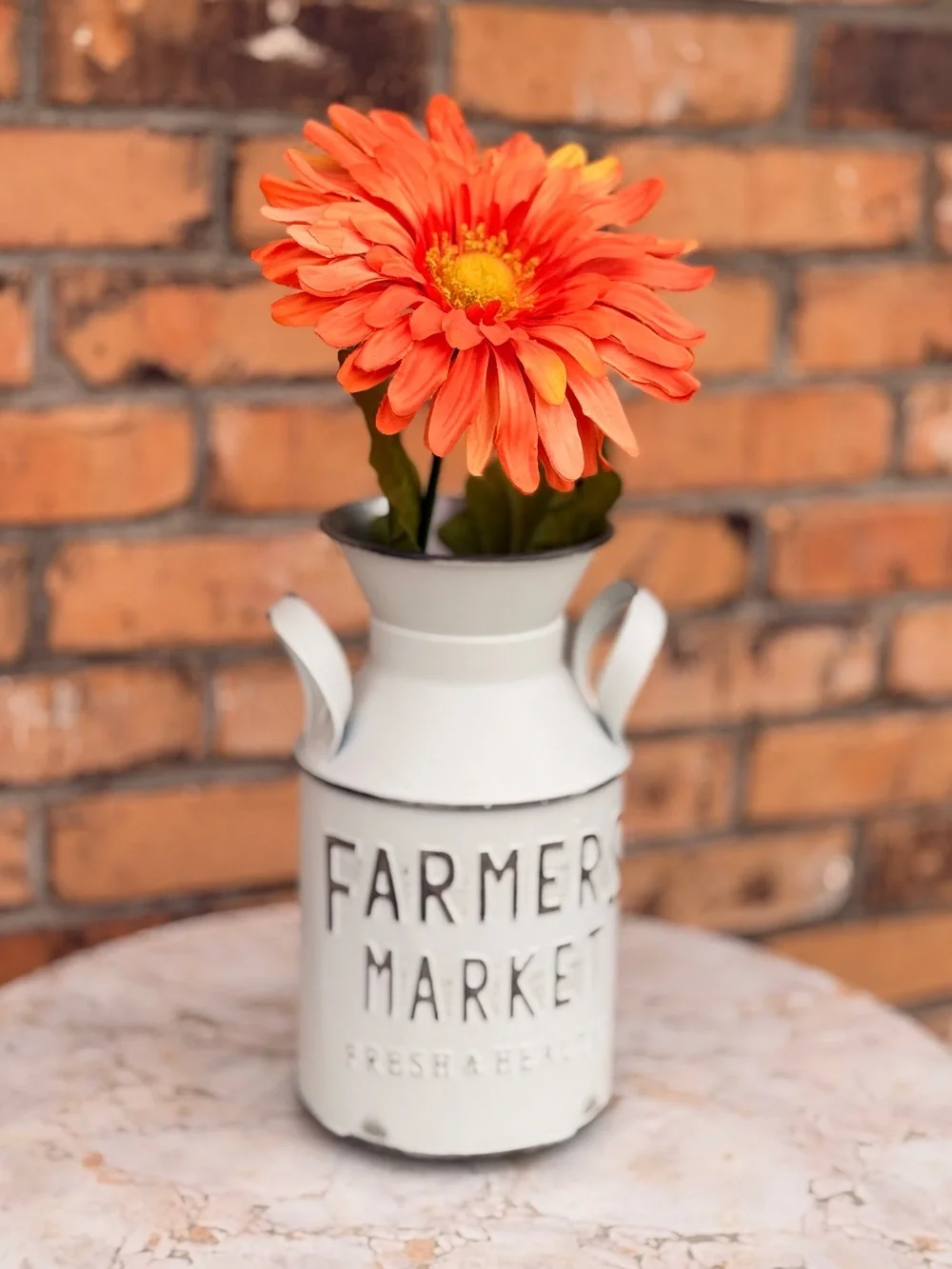 Farmersw Market White Decorative Milk Can Vase with Orange Flower 12”