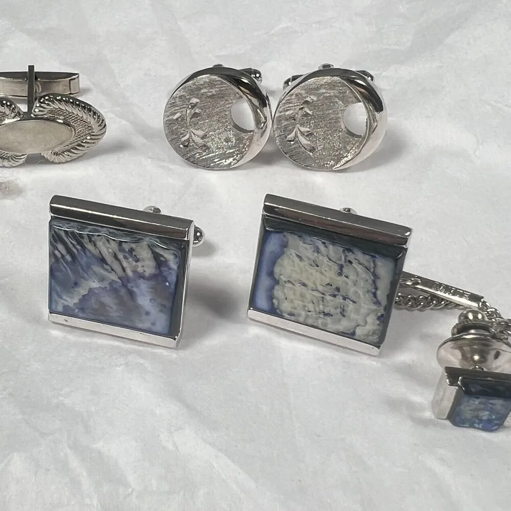 Vintage Silver Tone Mens Cufflinks Tie Tack Tuxedo Shirt Studs Jewelry Lot 7pc