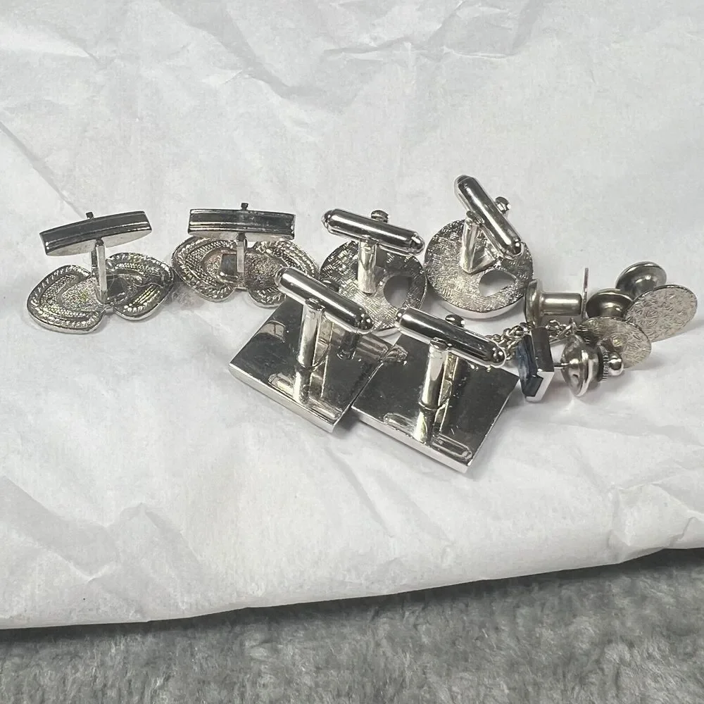 Vintage Silver Tone Mens Cufflinks Tie Tack Tuxedo Shirt Studs Jewelry Lot 7pc