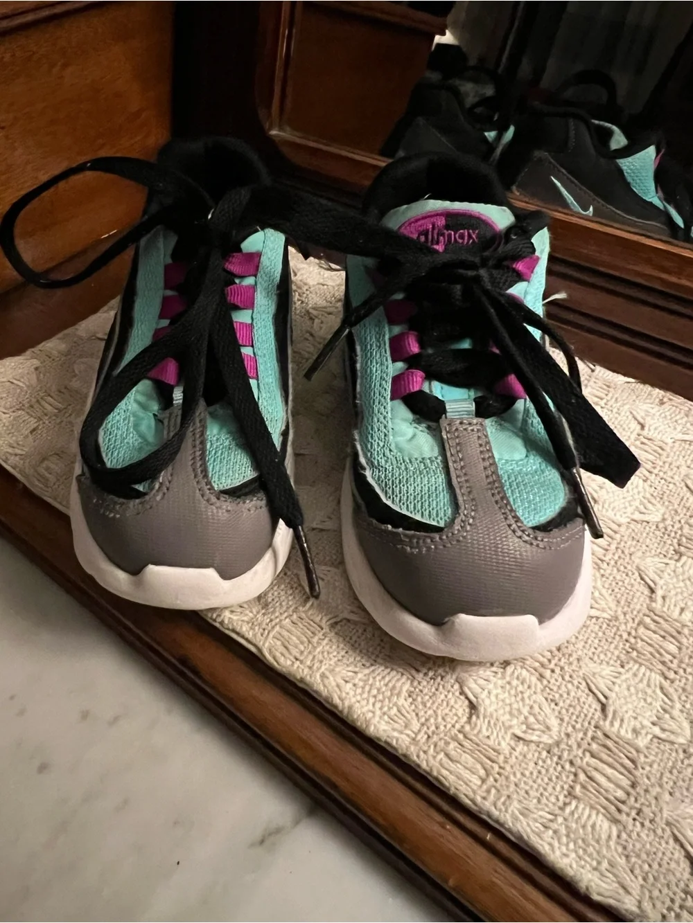 NIKE Little Air Max 95 Mesh Leather Athleisure Sneakers Black Teal Toddler Sz 8C