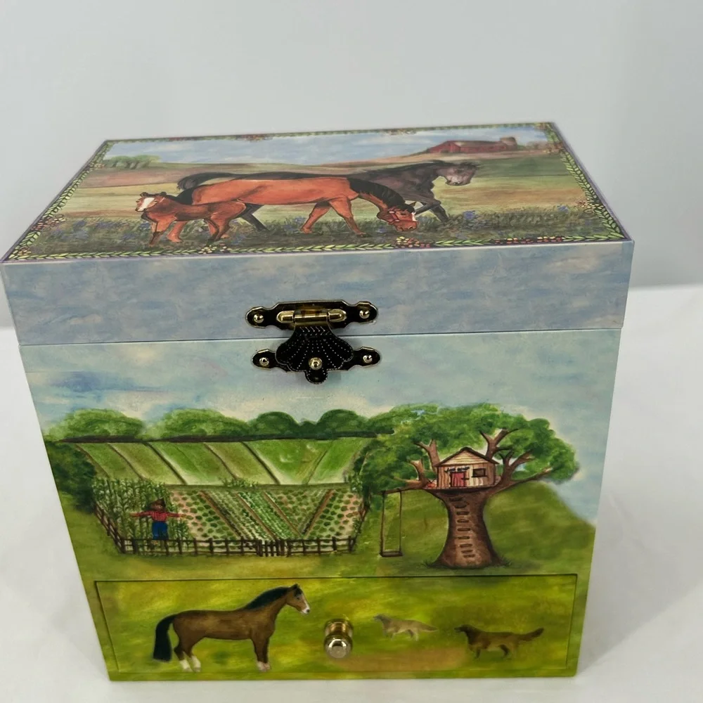 Jewelry Keepsake Music Box‎ Wind Up Music and Twirling Horse Lots of Drawers