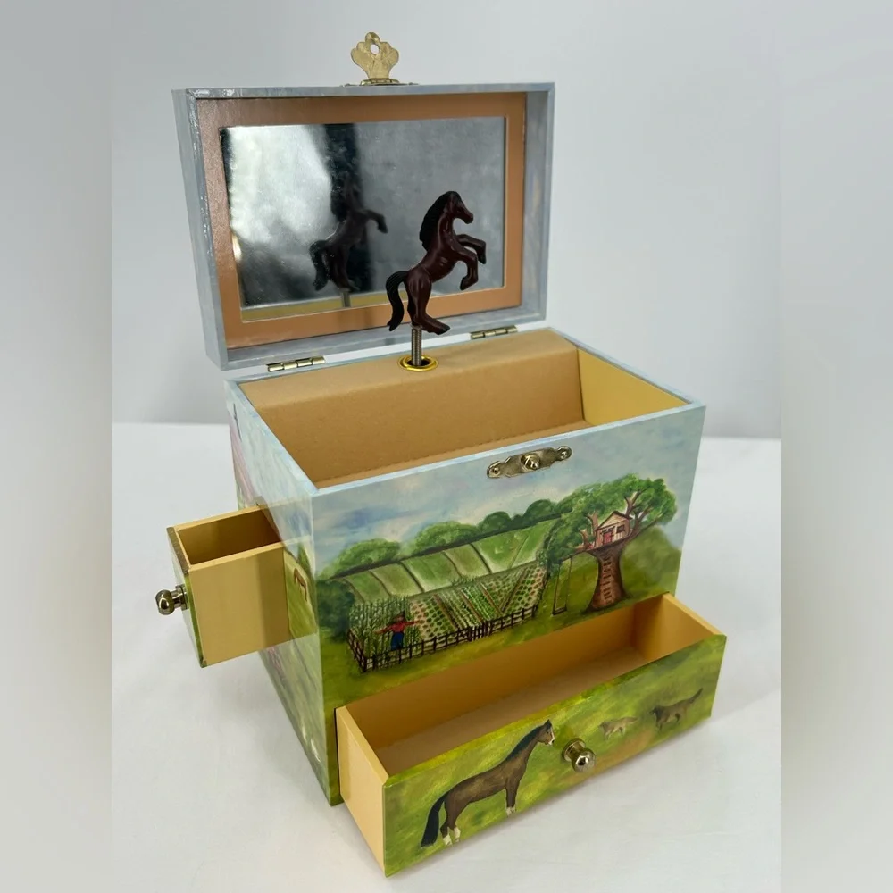 Jewelry Keepsake Music Box‎ Wind Up Music and Twirling Horse Lots of Drawers